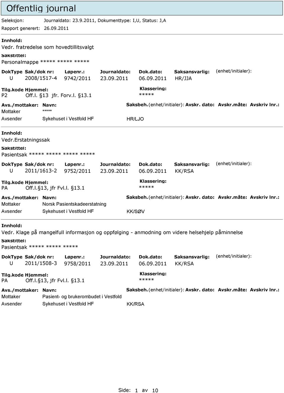 Klage på mangelfull informasjon og oppfølging - anmodning om videre helsehjelp påminnelse Pasientsak 2011/1508-3 9758/2011 06.09.2011 Avs./mottaker: Navn: Saksbeh. Avskr.