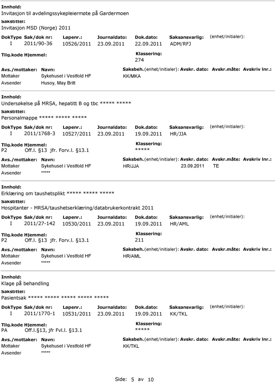 måte: Avskriv lnr.: TE Erklæring om taushetsplikt Hospitanter - MRSA/taushetserklæring/databrukerkontrakt 2011 2011/27-142 10530/2011 19.09.2011 211 Avs.