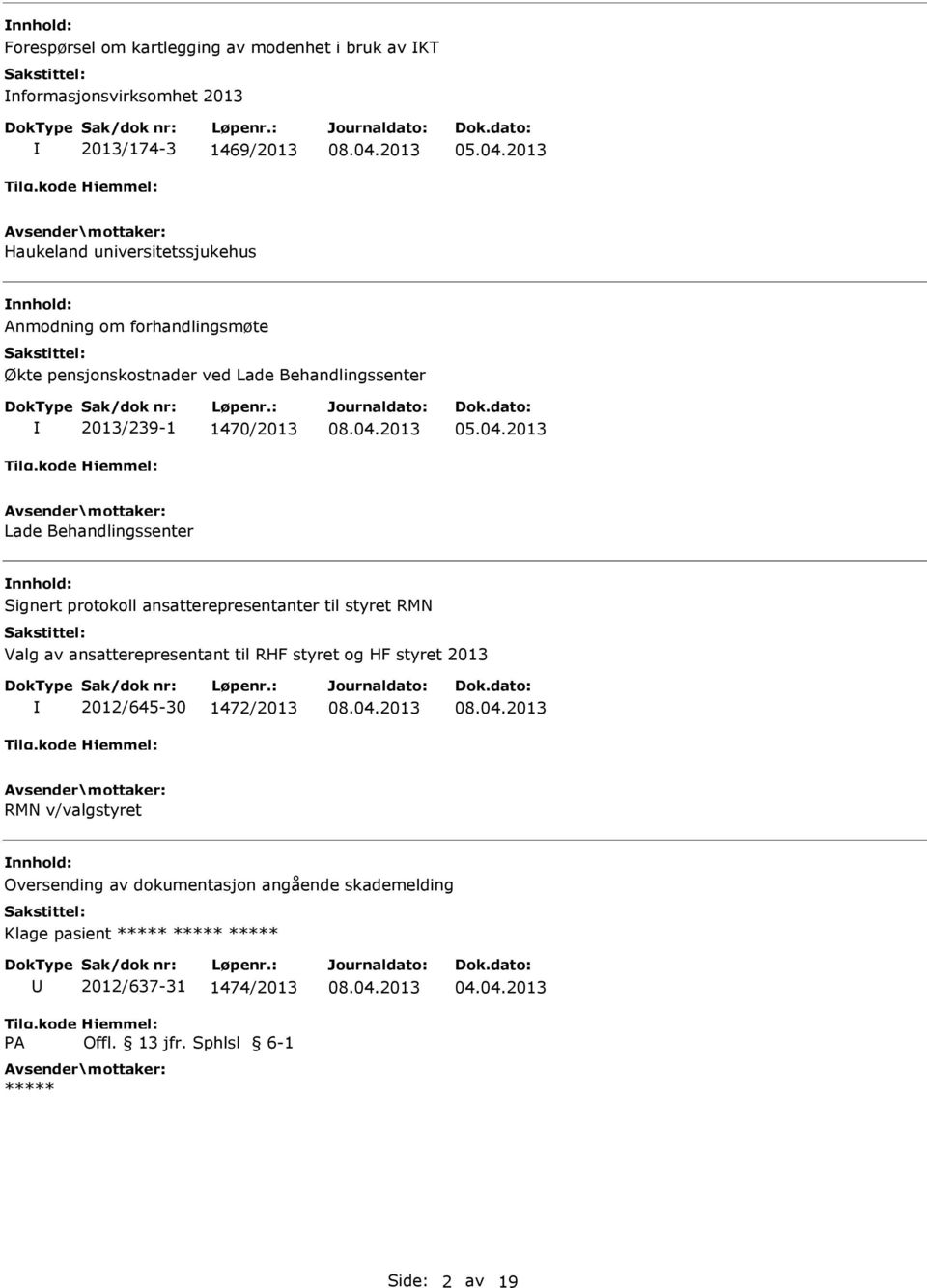 protokoll ansatterepresentanter til styret RMN Valg av ansatterepresentant til RHF styret og HF styret 2013 2012/645-30 1472/2013 RMN