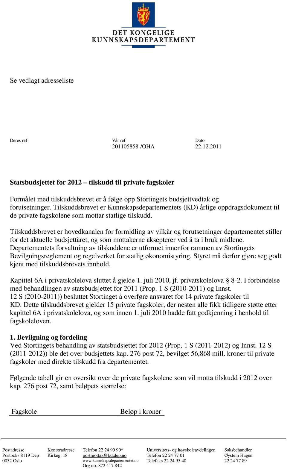 Tilskuddsbrevet er Kunnskapsdepartementets (KD) årlige oppdragsdokument til de private fagskolene som mottar statlige tilskudd.