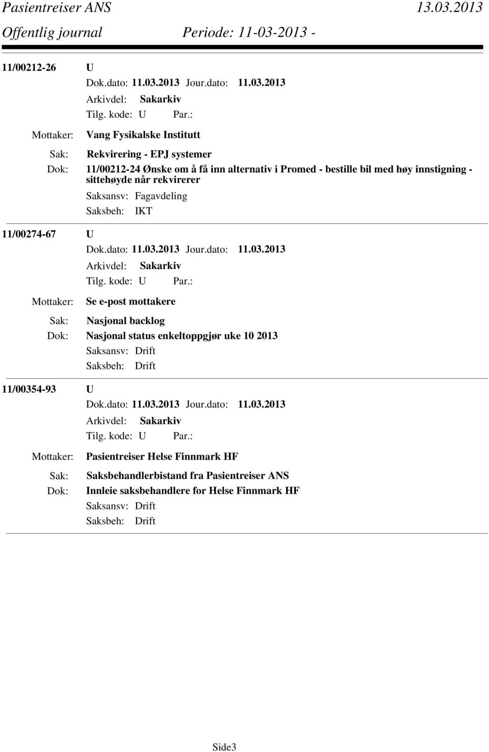 backlog Nasjonal status enkeltoppgjør uke 10 2013 Saksansv: Drift Saksbeh: Drift 11/00354-93 U Pasientreiser Helse