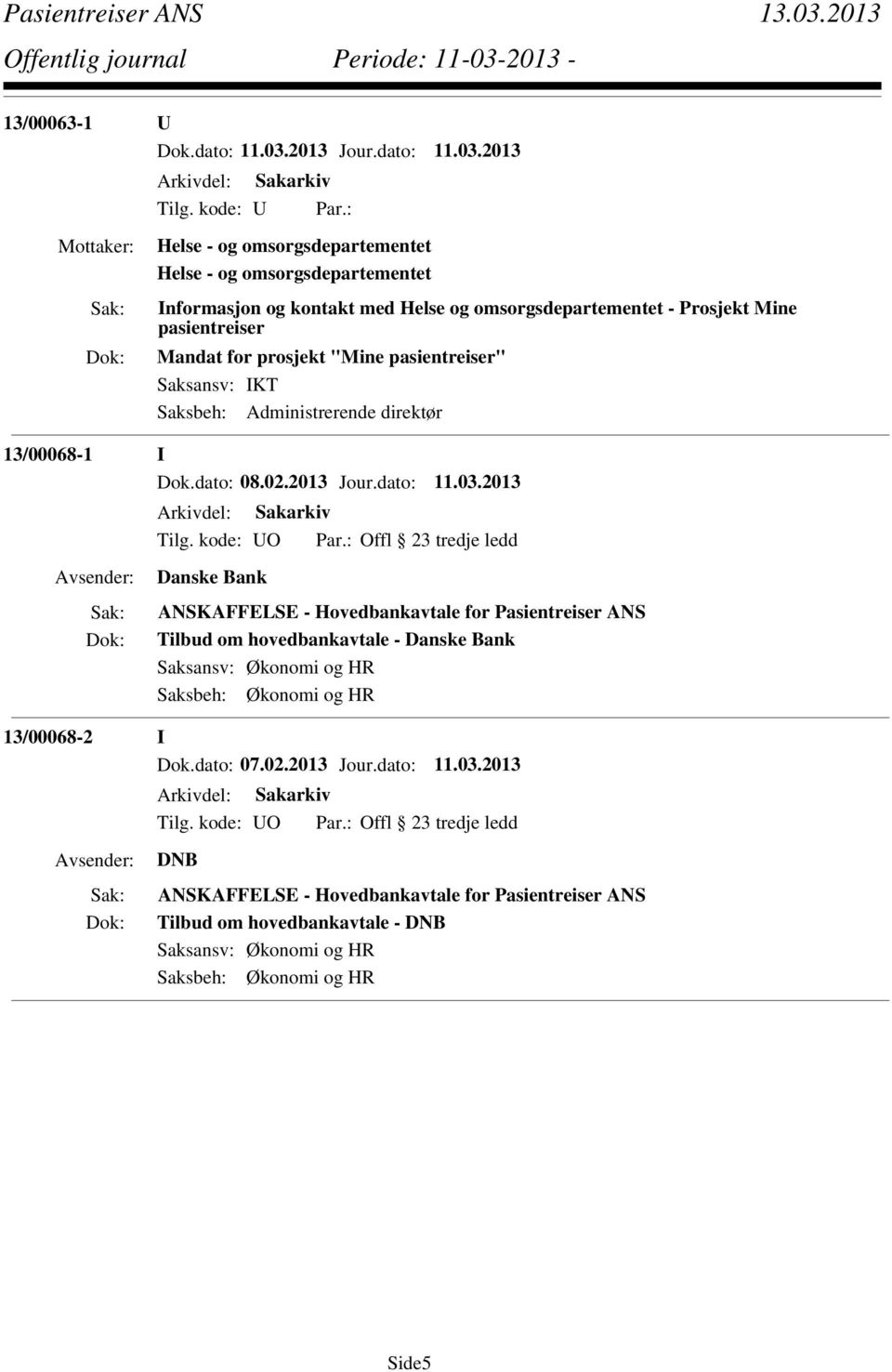 : Offl 23 tredje ledd Danske Bank ANSKAFFELSE - Hovedbankavtale for Pasientreiser ANS Tilbud om hovedbankavtale - Danske Bank Saksansv: Økonomi og HR Saksbeh: Økonomi og HR 13/00068-2