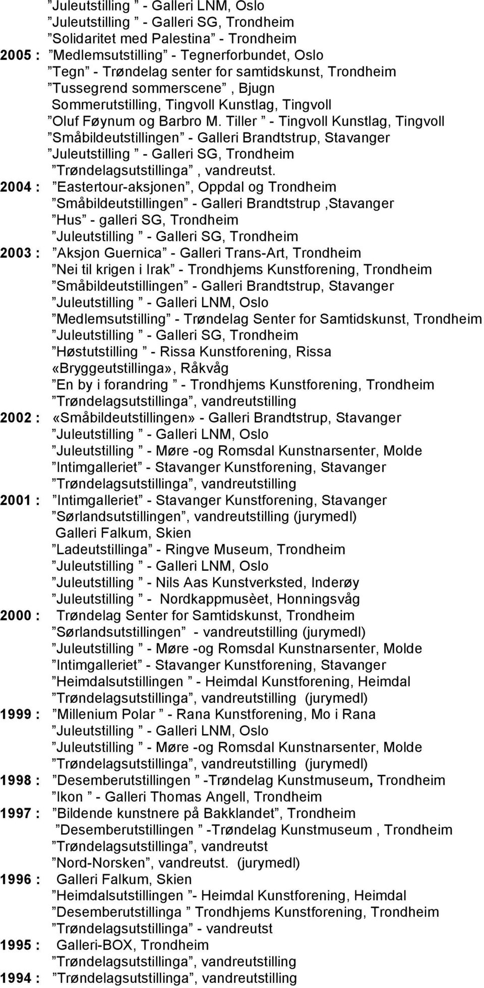 2004 : Eastertour-aksjonen, Oppdal og Trondheim Småbildeutstillingen - Galleri Brandtstrup,Stavanger Hus - galleri SG, Trondheim 2003 : Aksjon Guernica - Galleri Trans-Art, Trondheim Nei til krigen i