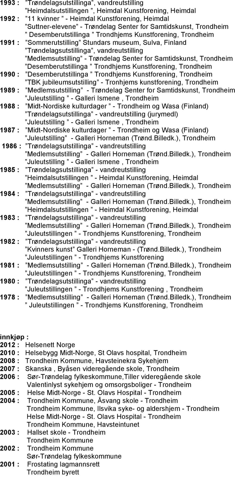 Kunstforening, Trondheim 1990 : Desemberutstillinga Trondhjems Kunstforening, Trondheim TBK jubileumsutstilling - Tronhjems kunstforening, Trondheim 1989 : Medlemsutstilling - Trøndelag Senter for