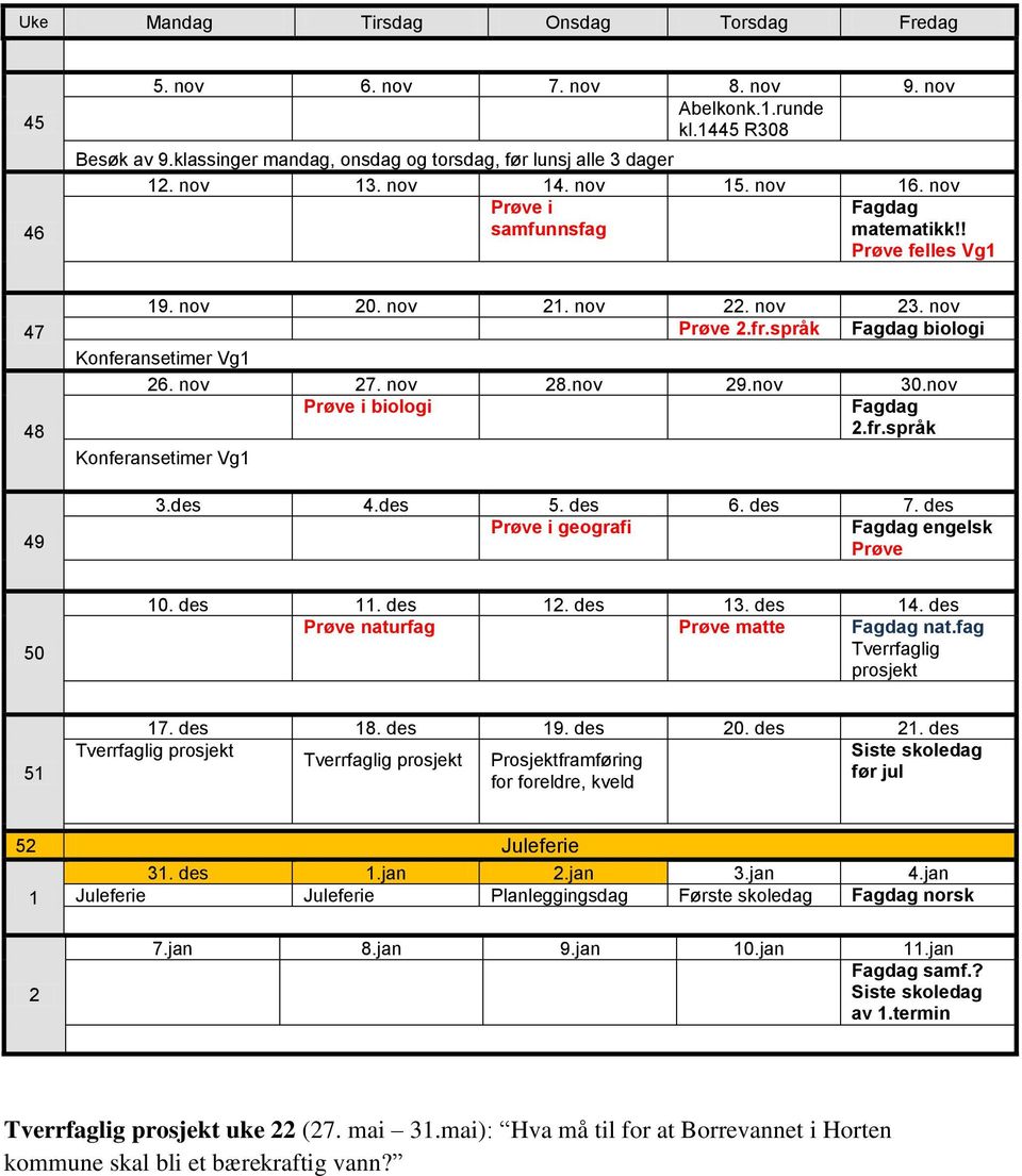 nov 30.nov Prøve i biologi 2.fr.språk Konferansetimer Vg1 3.des 4.des 5. des 6. des 7. des Prøve i geografi engelsk Prøve 50 10. des 11. des 12. des 13. des 14. des Prøve naturfag Prøve matte nat.
