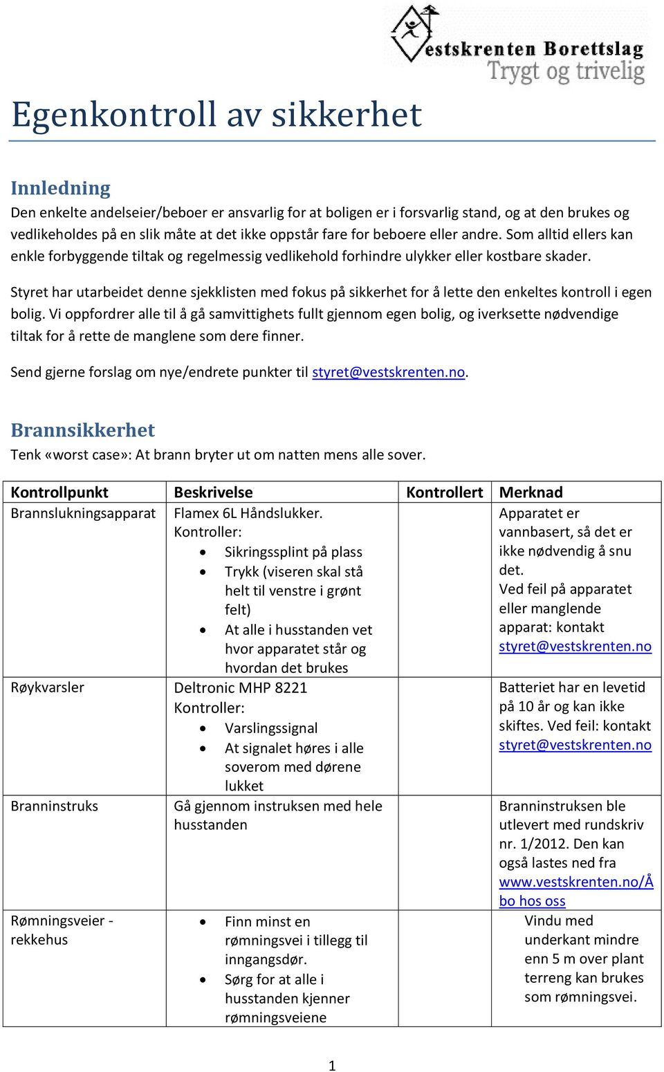 Styret har utarbeidet denne sjekklisten med fokus på sikkerhet for å lette den enkeltes kontroll i egen bolig.