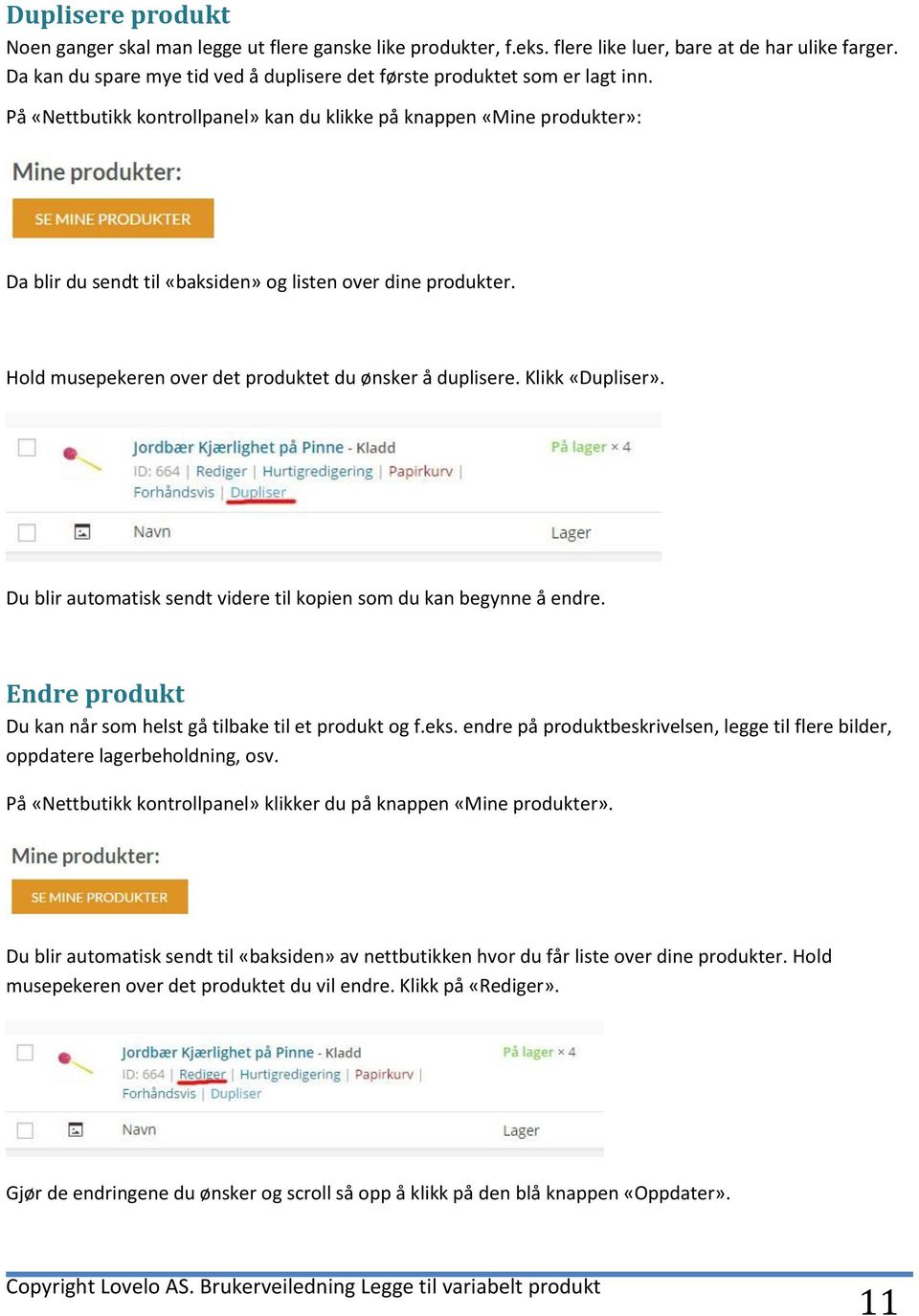 På «Nettbutikk kontrollpanel» kan du klikke på knappen «Mine produkter»: Da blir du sendt til «baksiden» og listen over dine produkter. Hold musepekeren over det produktet du ønsker å duplisere.