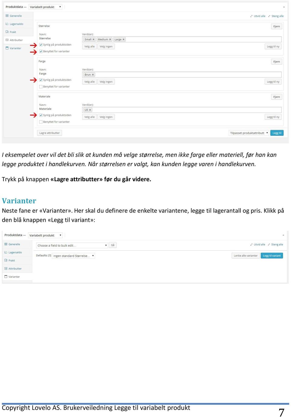 Trykk på knappen «Lagre attributter» før du går videre. Varianter Neste fane er «Varianter».