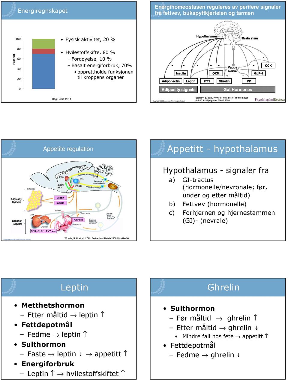 2004 Appetite regulation Appetitt - hypothalamus Hypothalamus - signaler fra a) GI-tractus (hormonelle/nevronale; før, under og etter måltid) b) Fettvev (hormonelle) c) Forhjernen og hjernestammen
