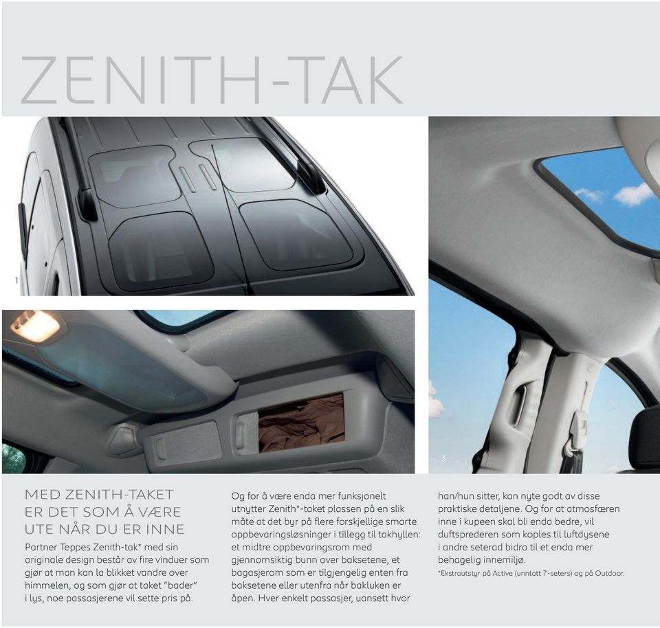Og for å være enda mer funksjonelt utnytter Zenith*-taket plassen på en slik måte at det byr på flere forskjellige smarte oppbevaringsløsninger i tillegg til takhyllen: et midtre oppbevaringsrom med