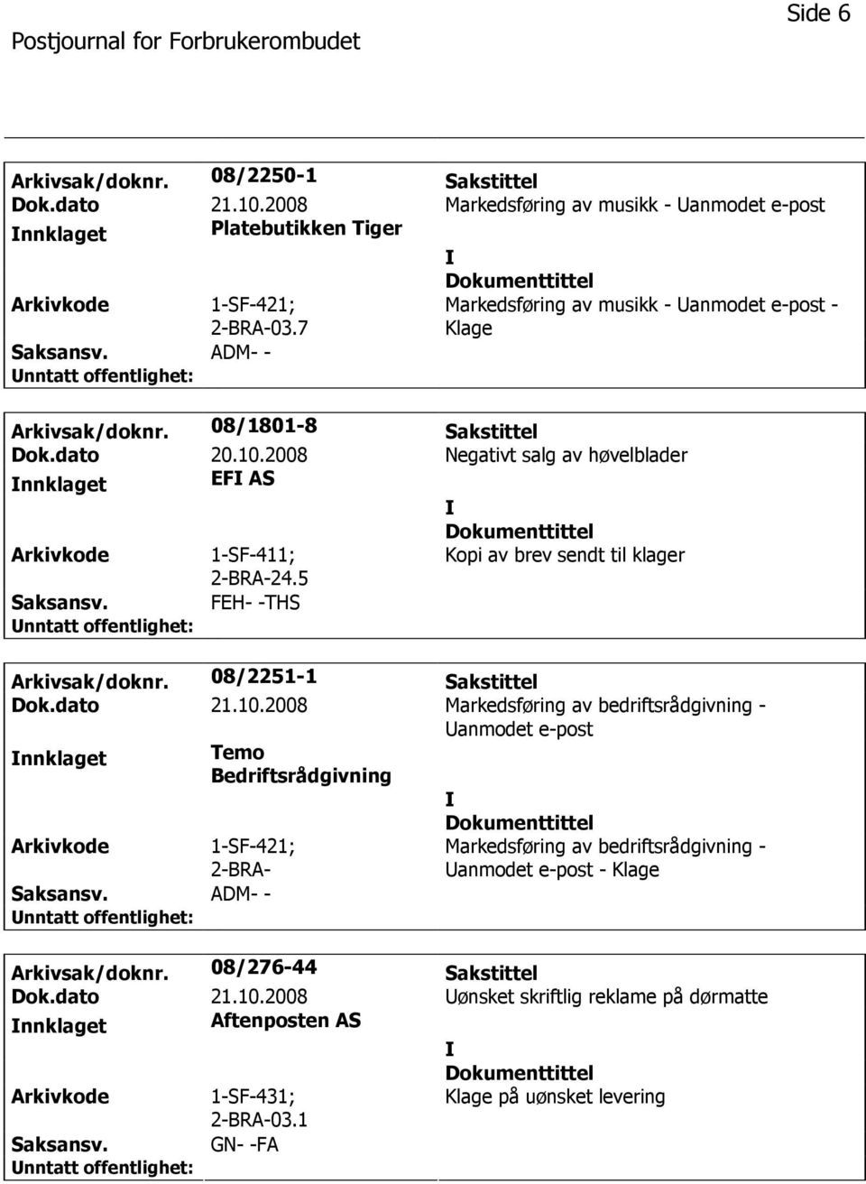 5 Kopi av brev sendt til klager FEH- -THS Arkivsak/doknr. 08/2251-1 Sakstittel Dok.dato 21.10.