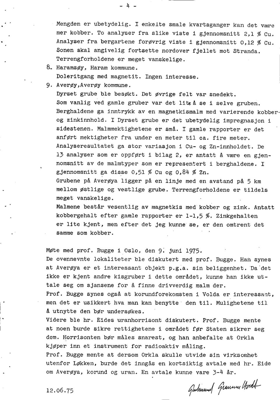 Dyrset grube ble besøkt. Det øvrige felt var snedekt. Som vanlig ved gamle gruber var det liteå se i selve gruben. Berghaldenega inntrykk av en magnetkismalmmed varierendekobberog zinkinnhold.