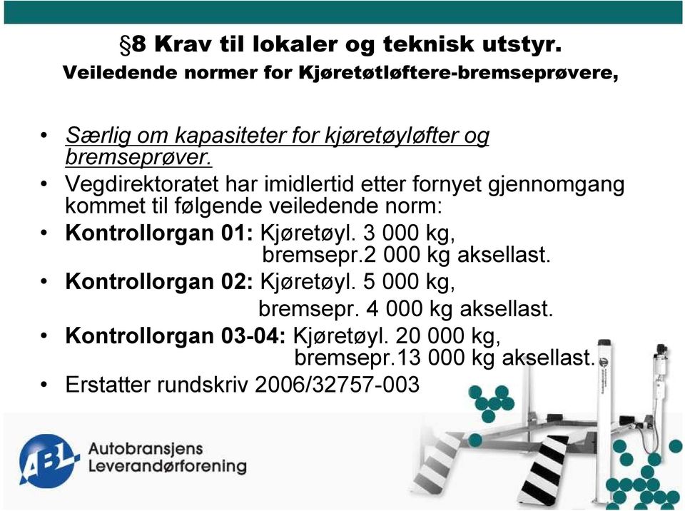 Vegdirektoratet har imidlertid etter fornyet gjennomgang kommet til følgende veiledende norm: Kontrollorgan 01: Kjøretøyl.