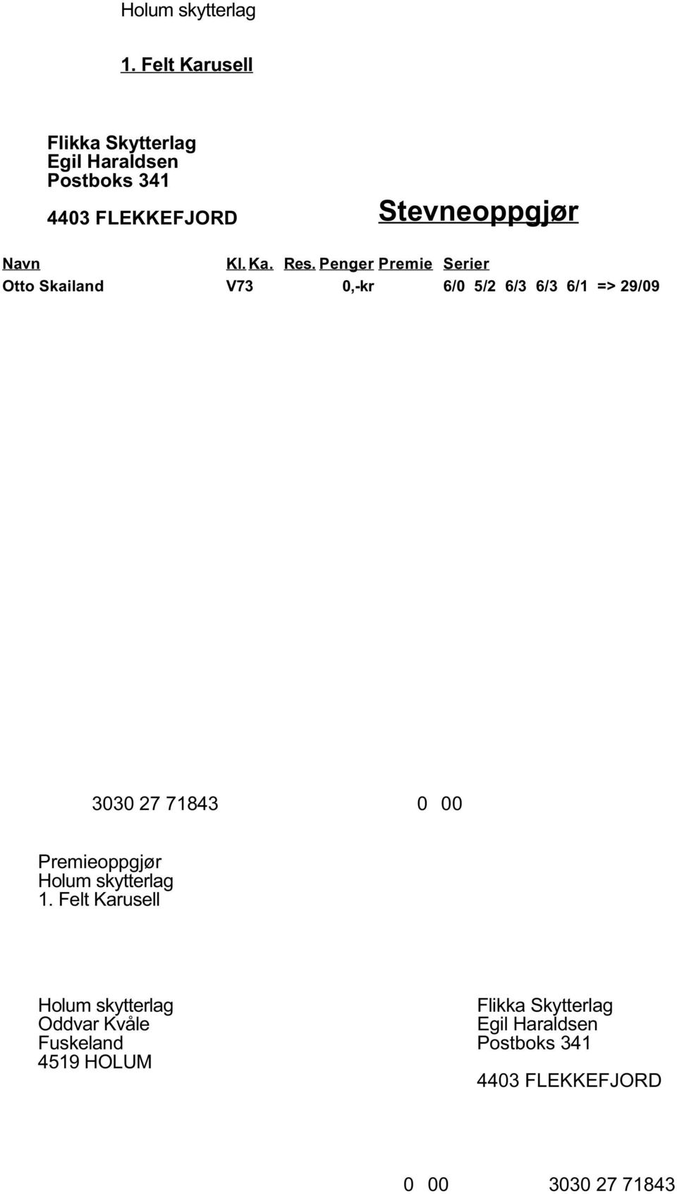 6/1 => 29/09 3030 27 71843  FLEKKEFJORD 3030 27