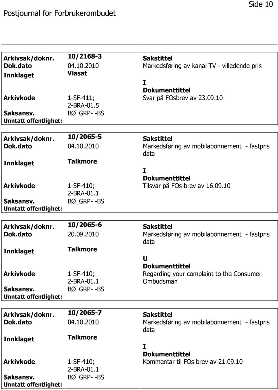 10 BØ_GRP- -BS Arkivsak/doknr. 10/2065-6 Sakstittel Dok.dato 20.09.2010 Markedsføring av mobilabonnement - fastpris data nnklaget Talkmore 1-SF-410; 2-BRA-01.