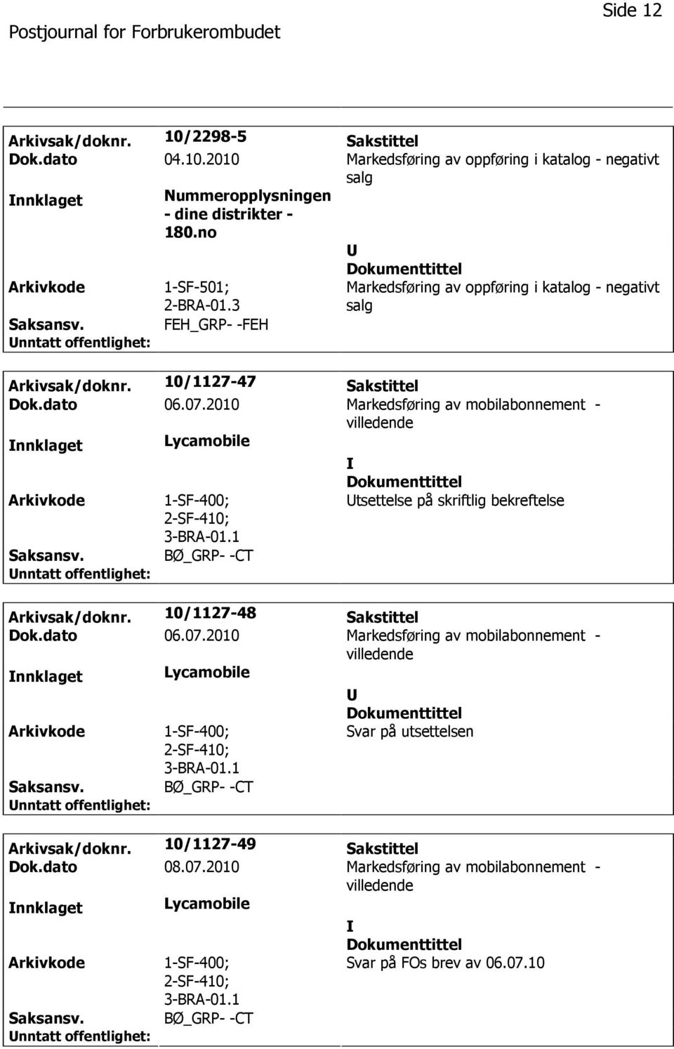 2010 Markedsføring av mobilabonnement - villedende nnklaget Lycamobile 1-SF-400; 2-SF-410; 3-BRA-01.1 BØ_GRP- -CT tsettelse på skriftlig bekreftelse Arkivsak/doknr. 10/1127-48 Sakstittel Dok.dato 06.