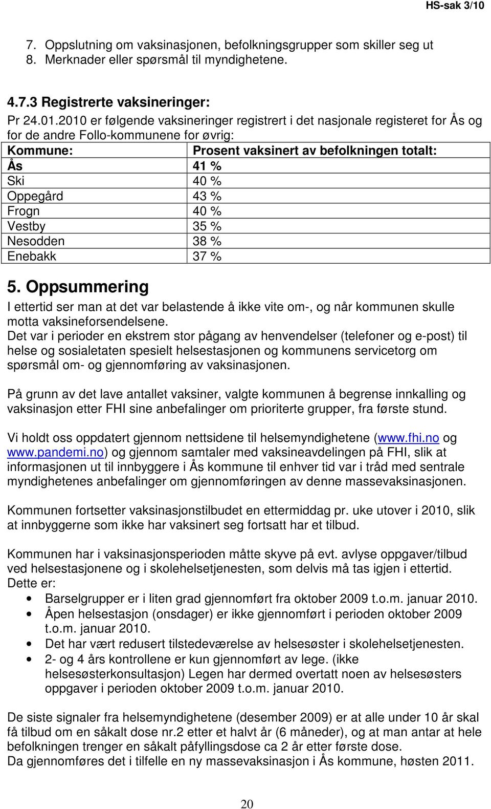% Frogn 40 % Vestby 35 % Nesodden 38 % Enebakk 37 % 5. Oppsummering I ettertid ser man at det var belastende å ikke vite om-, og når kommunen skulle motta vaksineforsendelsene.