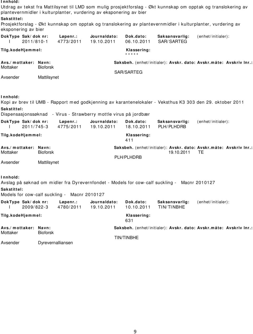 1 4773/2011 19.10.2011 06.10.2011 SAR/SARTEG SAR/SARTEG Mattilsynet Kopi av brev til UMB - Rapport med godkjenning av karantenelokaler - Veksthus K3 303 den 29.