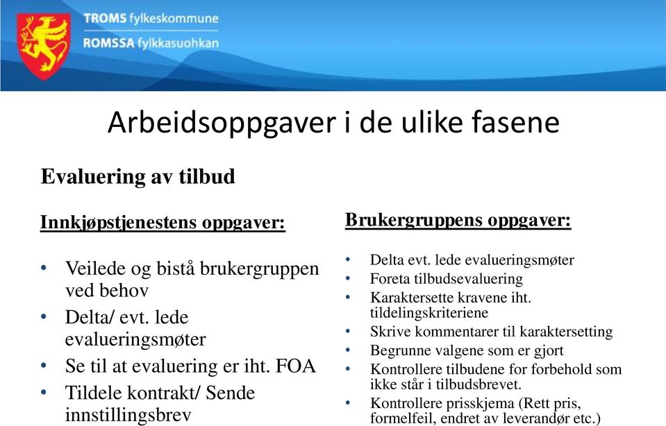 lede evalueringsmøter Foreta tilbudsevaluering Karaktersette kravene iht.