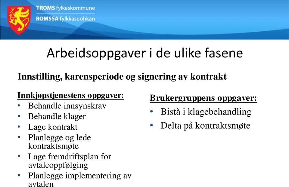 Planlegge og lede kontraktsmøte Lage fremdriftsplan for avtaleoppfølging Planlegge