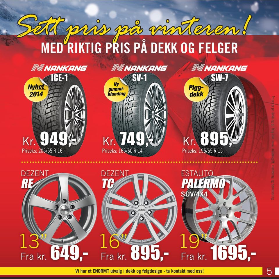 Sv-1 649,- Fra kr. Kr. 895,- Priseks: 195/65 R 15 Estauto TC 16 Piggdekk SW-7 Palermo Suv/4X4 895,- 19 Fra kr.