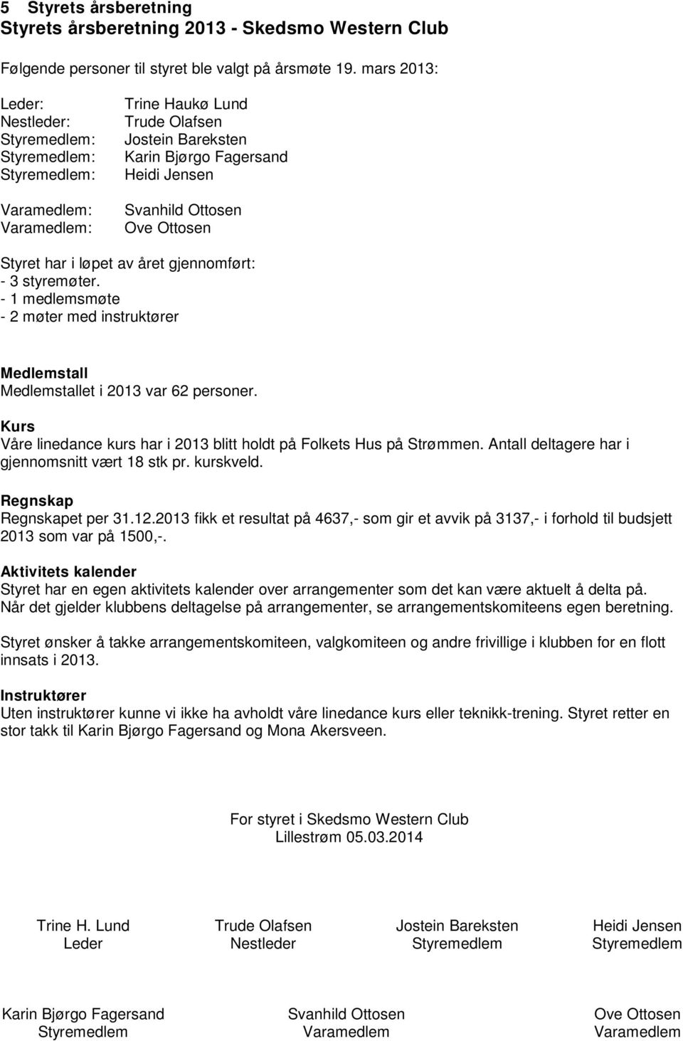 Ottosen Styret har i løpet av året gjennomført: - 3 styremøter. - 1 medlemsmøte - 2 møter med instruktører Medlemstall Medlemstallet i 2013 var 62 personer.