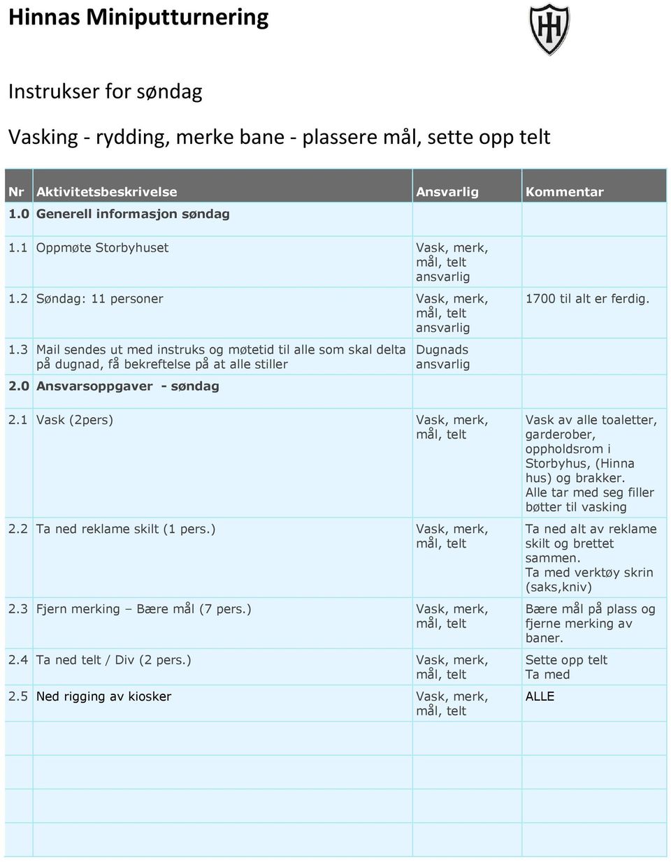 ) Vask, merk, 2.4 Ta ned telt / Div (2 pers.) Vask, merk, 2.5 Ned rigging av kiosker Vask, merk, 1700 til alt er ferdig.