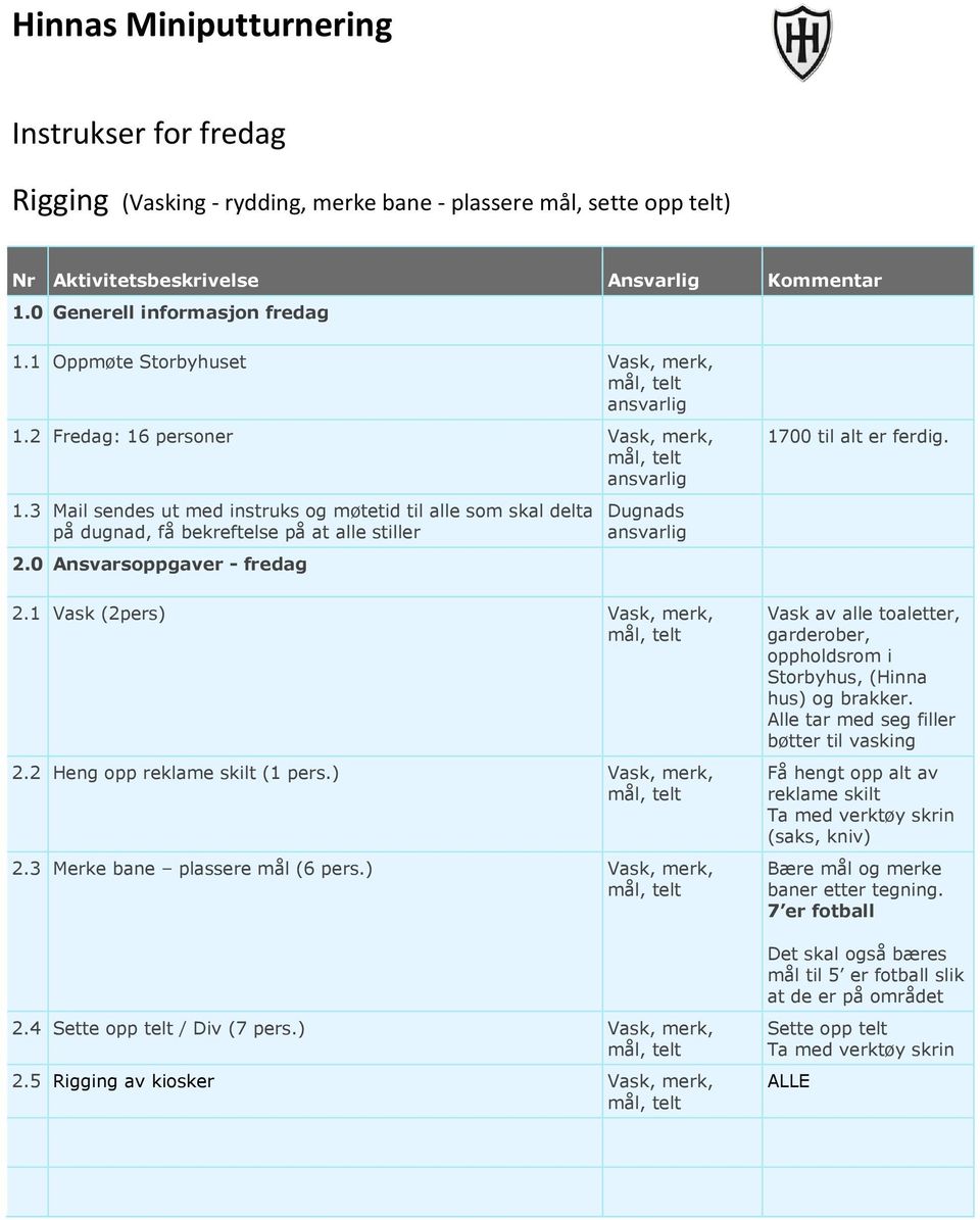 ) Vask, merk, 2.4 Sette opp telt / Div (7 pers.) Vask, merk, 2.5 Rigging av kiosker Vask, merk, 1700 til alt er ferdig.