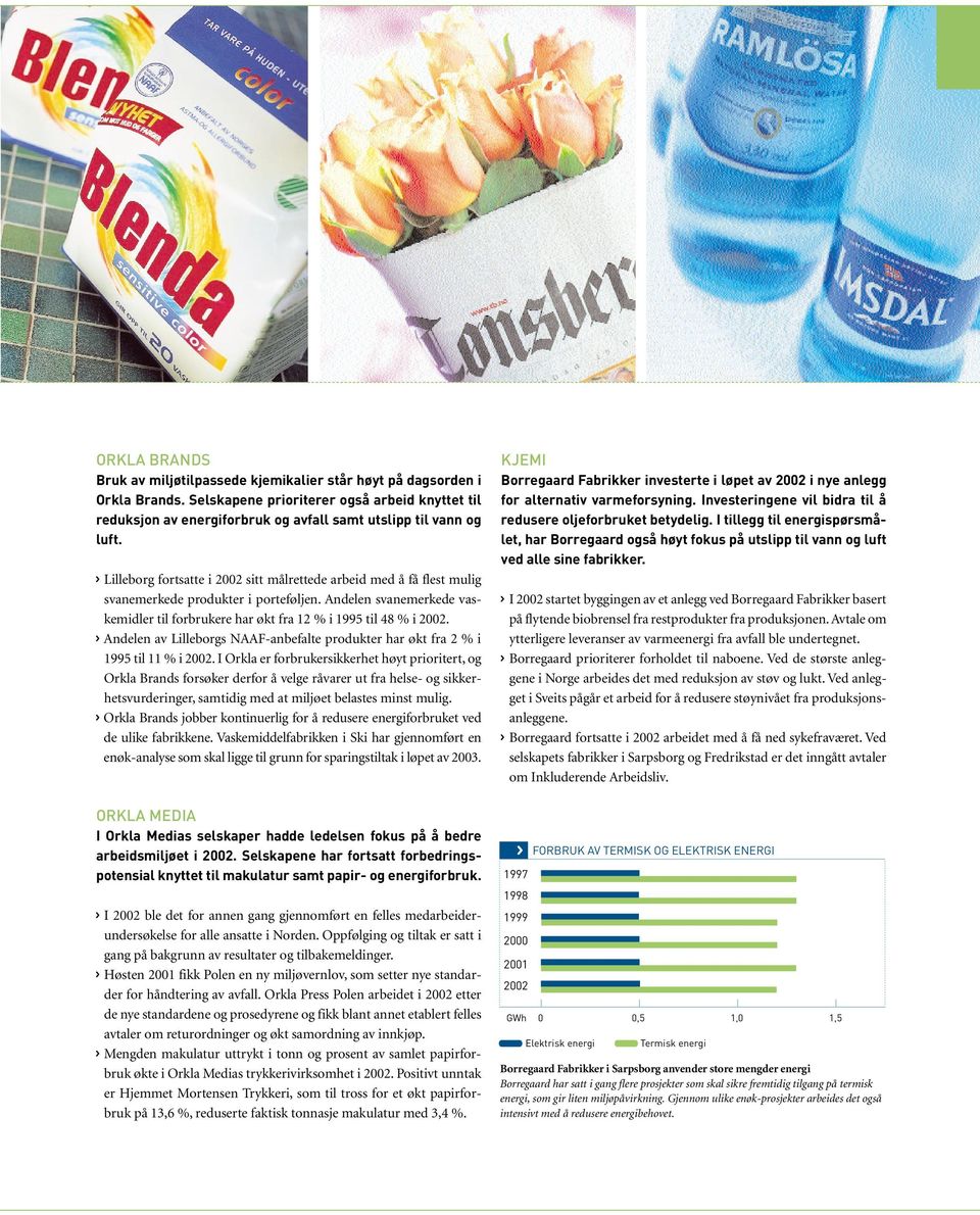 > Lilleborg fortsatte i 2002 sitt målrettede arbeid med å få flest mulig svanemerkede produkter i porteføljen. Andelen svanemerkede vaskemidler til forbrukere har økt fra 12 % i 1995 til 48 % i 2002.