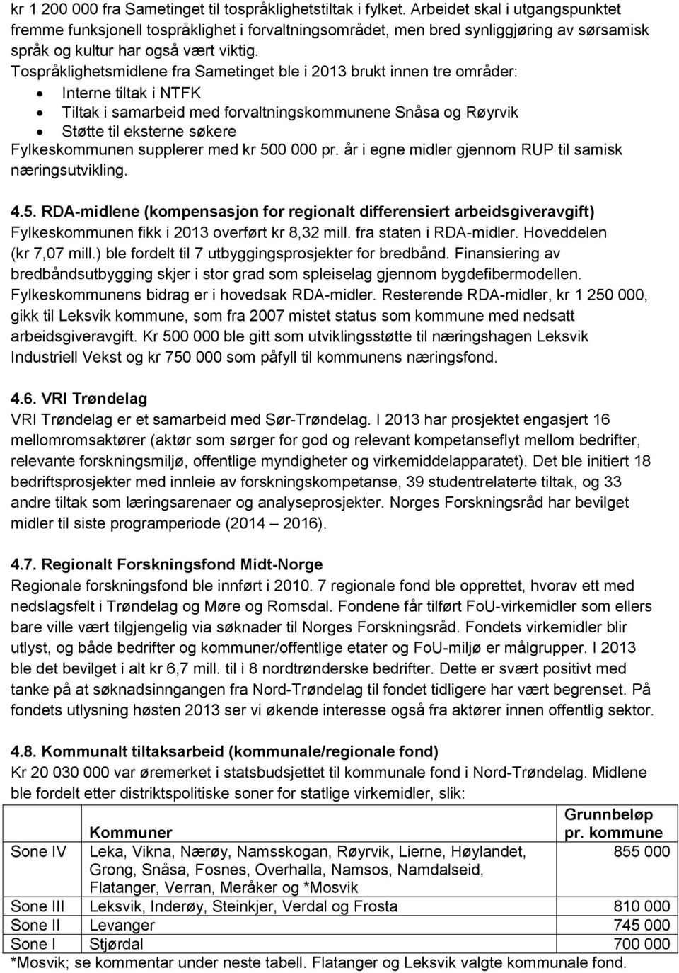 Tospråklighetsmidlene fra Sametinget ble i 2013 brukt innen tre områder: Interne tiltak i Tiltak i samarbeid med forvaltningskommunene Snåsa og Røyrvik Støtte til eksterne søkere Fylkeskommunen