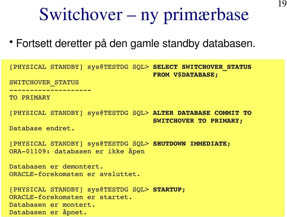 SQL> ALTER DATABASE COMMIT TO SWITCHOVER TO PRIMARY; Database endret.
