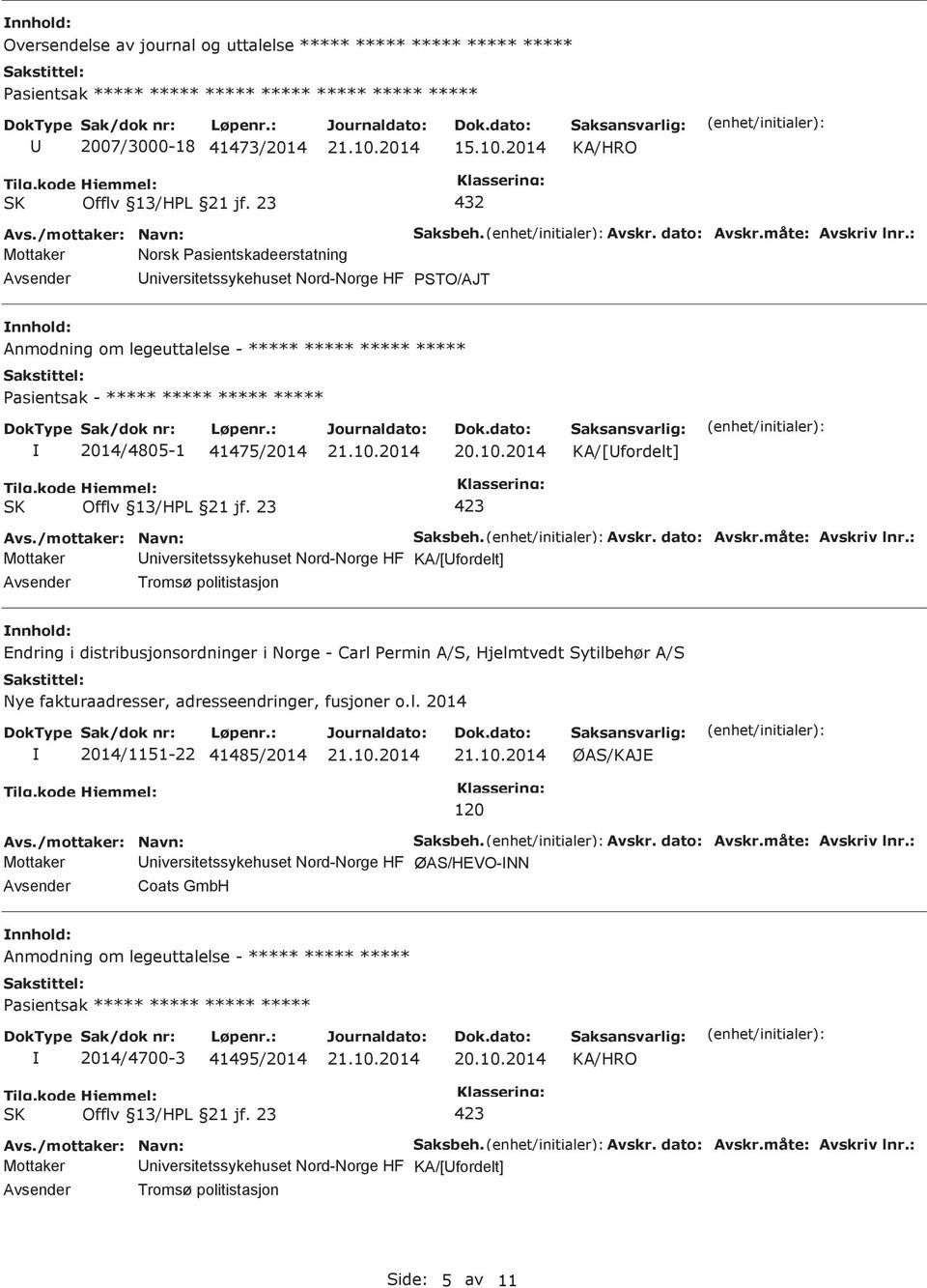 : PSTO/AJT Anmodning om legeuttalelse - ***** ***** ***** ***** Pasientsak - ***** ***** ***** ***** 2014/4805-1 41475/2014 KA/[fordelt] Saksbeh. Avskr. dato: Avskr.måte: Avskriv lnr.