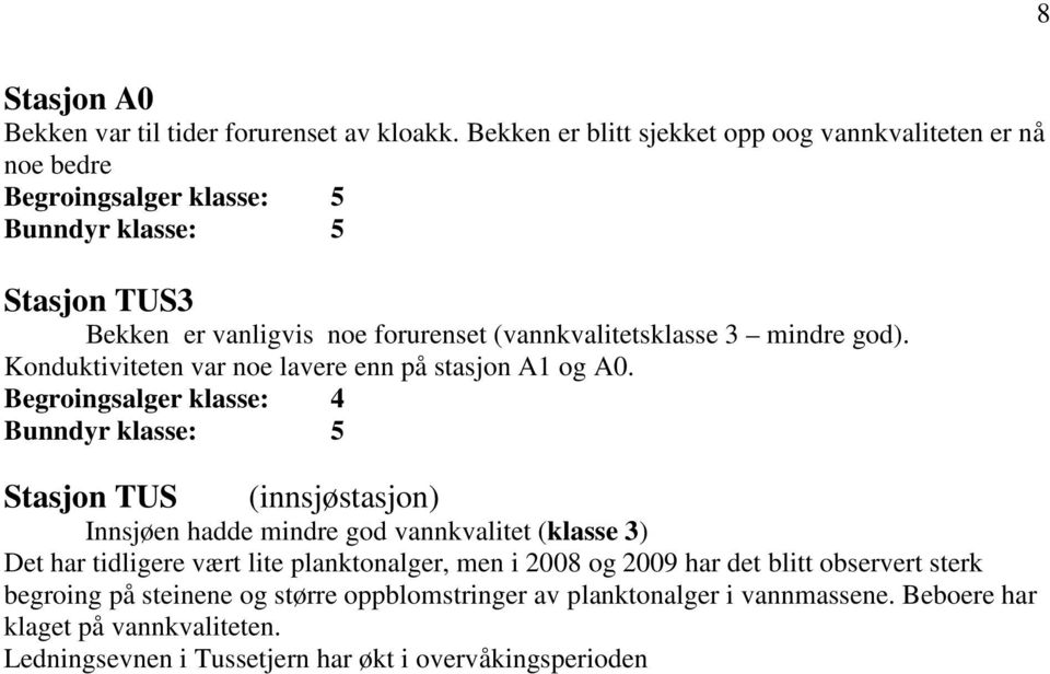 (vannkvalitetsklasse 3 mindre god). Konduktiviteten var noe lavere enn på stasjon A1 og A0.