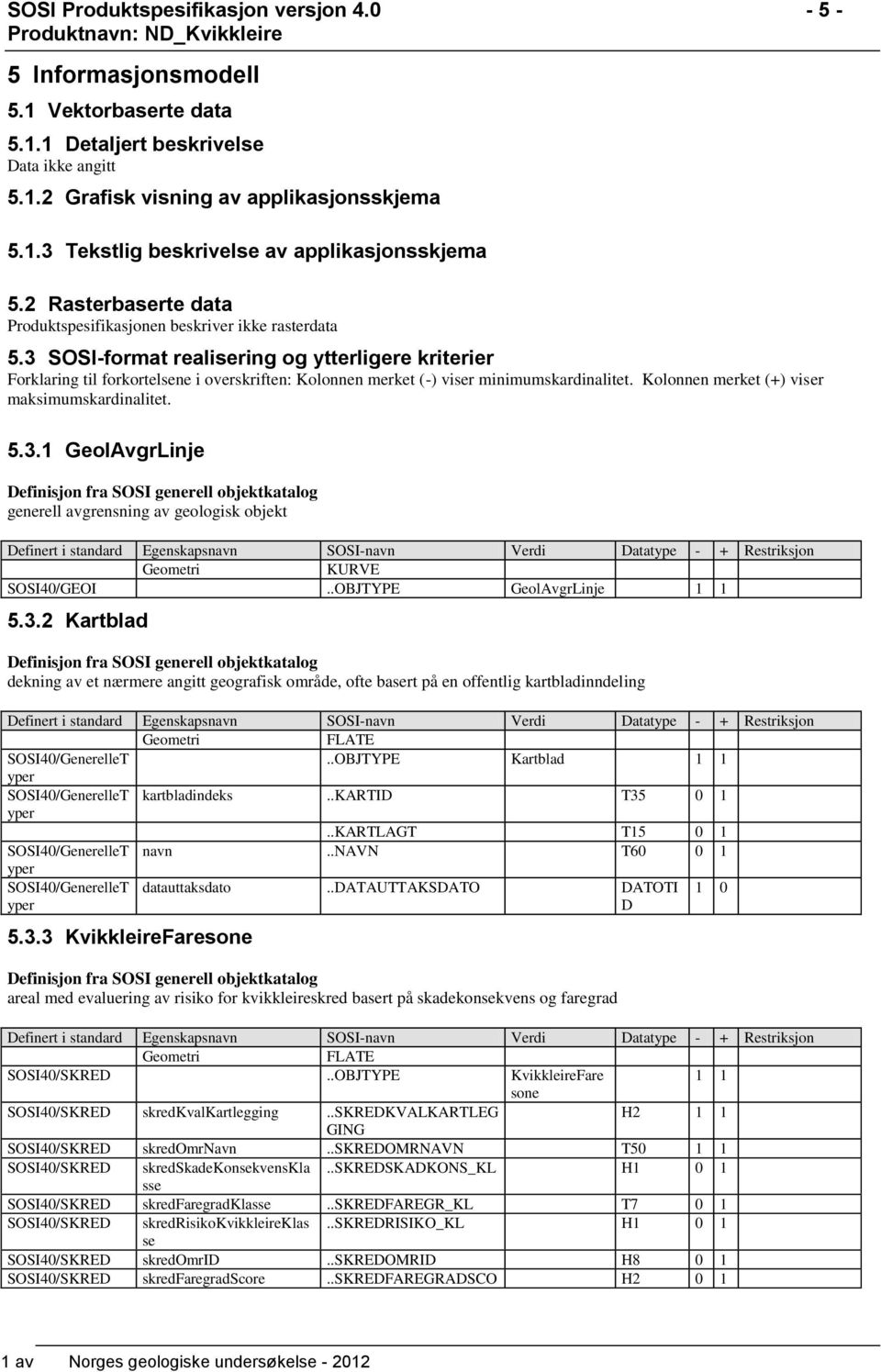 3 SOSI-format realisering og ytterligere kriterier Forklaring til forkortelsene i overskriften: Kolonnen merket (-) viser minimumskardinalitet. Kolonnen merket (+) viser maksimumskardinalitet. 5.3.1