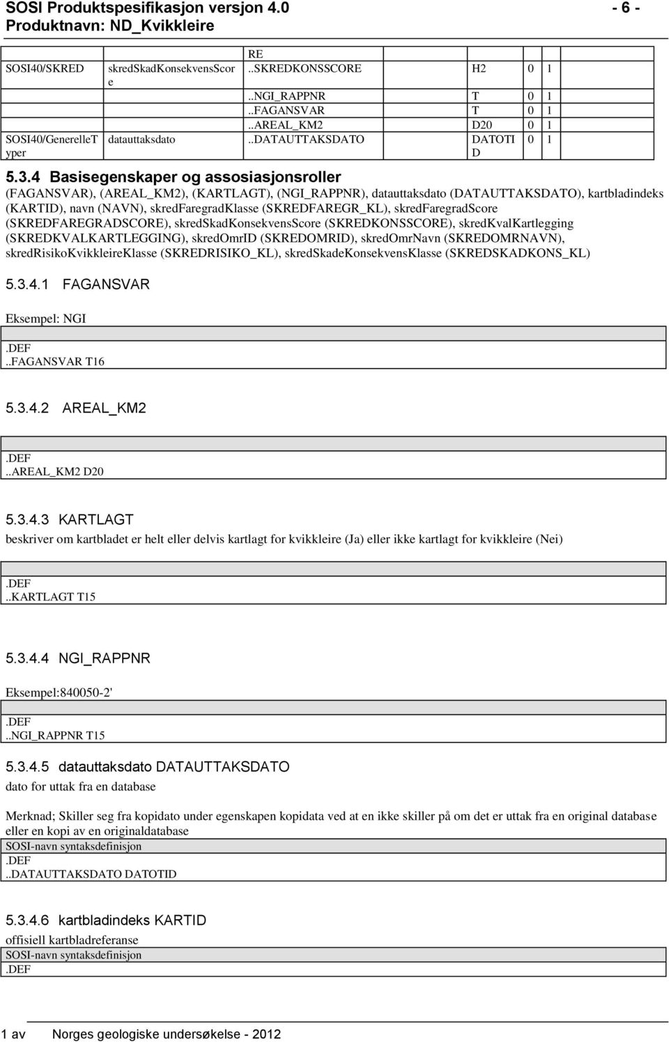 4 Basisegenskaper og assosiasjonsroller (FAGANSVAR), (AREAL_KM2), (KARTLAGT), (NGI_RAPPNR), datauttaksdato (DATAUTTAKSDATO), kartbladindeks (KARTID), navn (NAVN), skredfaregradklasse