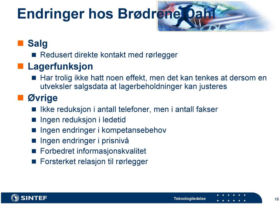 Øvrige Ikke reduksjon i antall telefoner, men i antall fakser Ingen reduksjon i ledetid Ingen endringer i