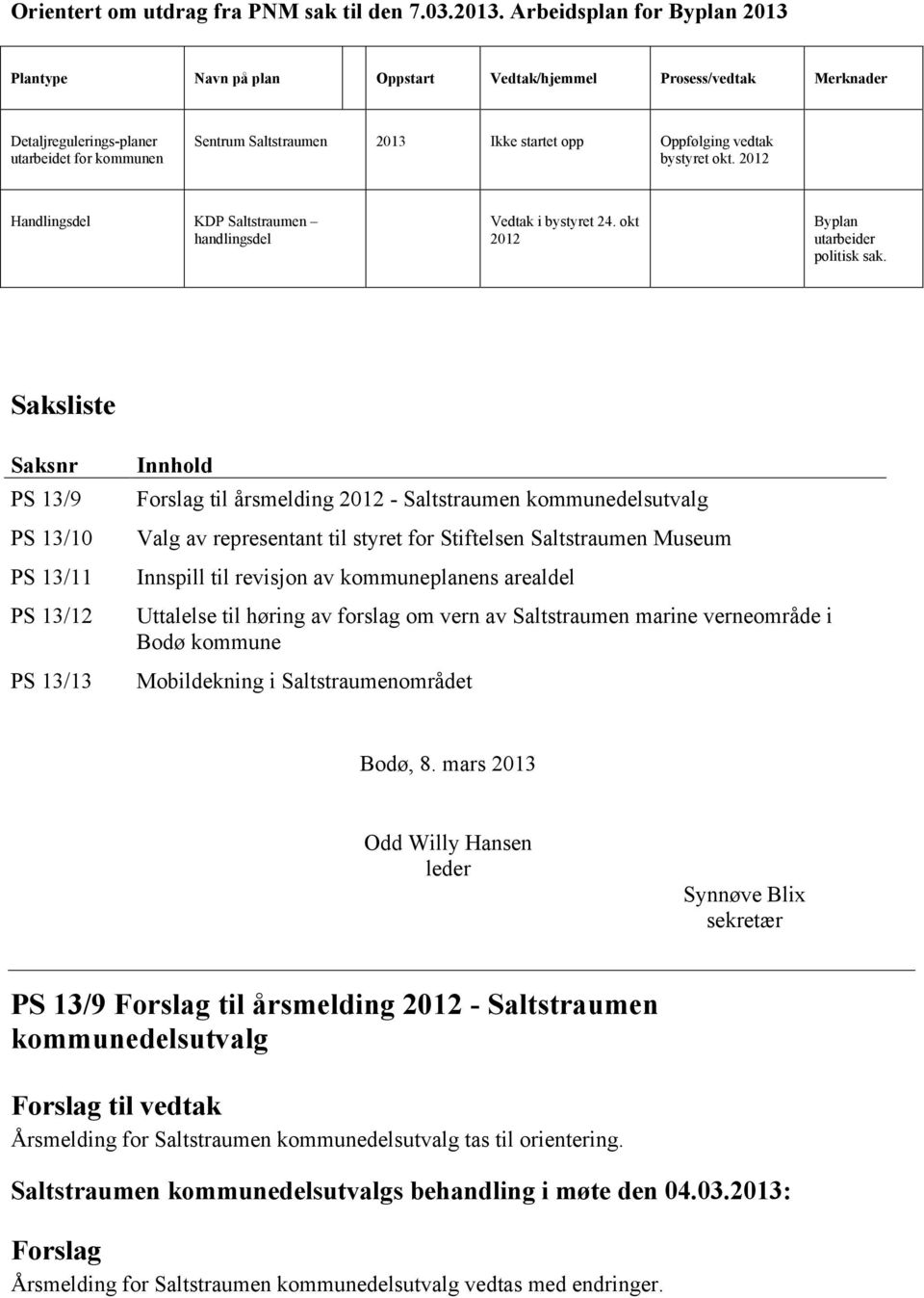 vedtak bystyret okt. 2012 Handlingsdel KDP Saltstraumen handlingsdel i bystyret 24. okt 2012 Byplan utarbeider politisk sak.