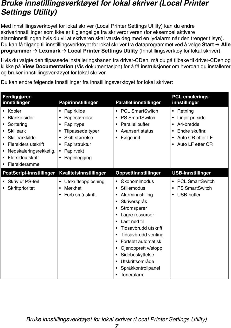 Du kan få tilgang til innstillingsverktøyet for lokal skriver fra dataprogrammet ved å velge Start Alle programmer Lexmark Local Printer Settings Utility (Innstillingsverktøy for lokal skriver).