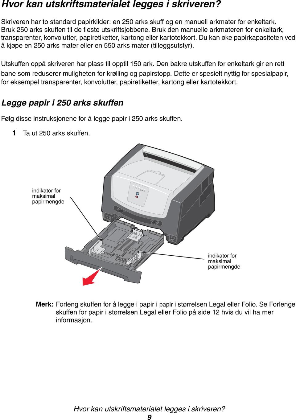 Du kan øke papirkapasiteten ved å kjøpe en 250 arks mater eller en 550 arks mater (tilleggsutstyr). Utskuffen oppå skriveren har plass til opptil 150 ark.