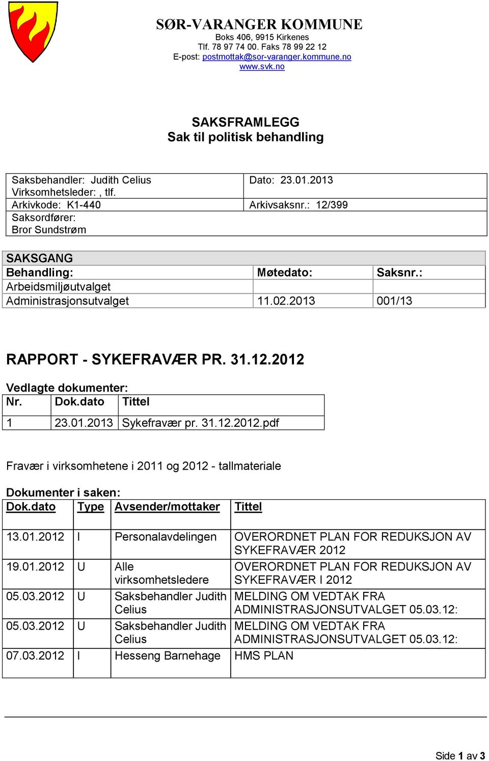 Arkivkode: K1-440 Saksordfører: Bror Sundstrøm SAKSGANG Behandling: Arbeidsmiljøutvalget Administrasjonsutvalget Dato: 23.01.2013 Arkivsaksnr.: 12/399 Møtedato: Saksnr.: 11.02.