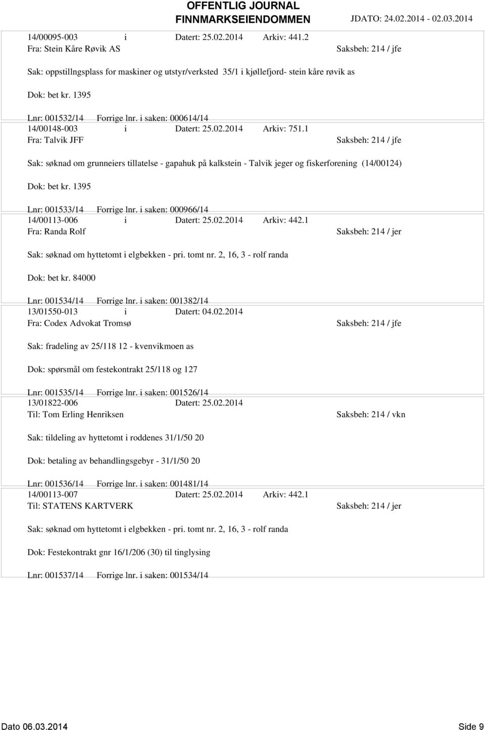 1 Fra: Talvik JFF Sak: søknad om grunneiers tillatelse - gapahuk på kalkstein - Talvik jeger og fiskerforening (14/00124) Dok: bet kr. 1395 Lnr: 001533/14 Forrige lnr.