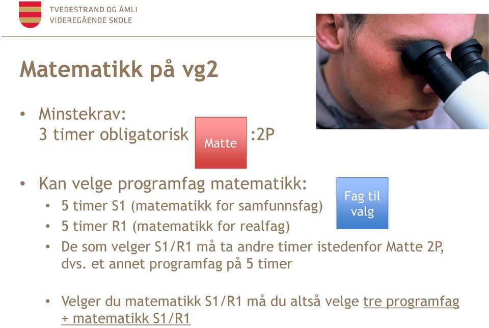 Fag til valg De som velger S1/R1 må ta andre timer istedenfor Matte 2P, dvs.