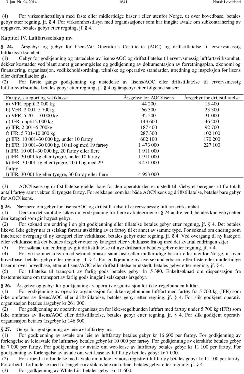 Årsgebyr og gebyr for lisens/air Operator's Certificate (AOC) og driftstillatelse til ervervsmessig luftfartsvirksomhet (1) Gebyr for godkjenning og utstedelse av lisens/aoc og driftstillatelse til