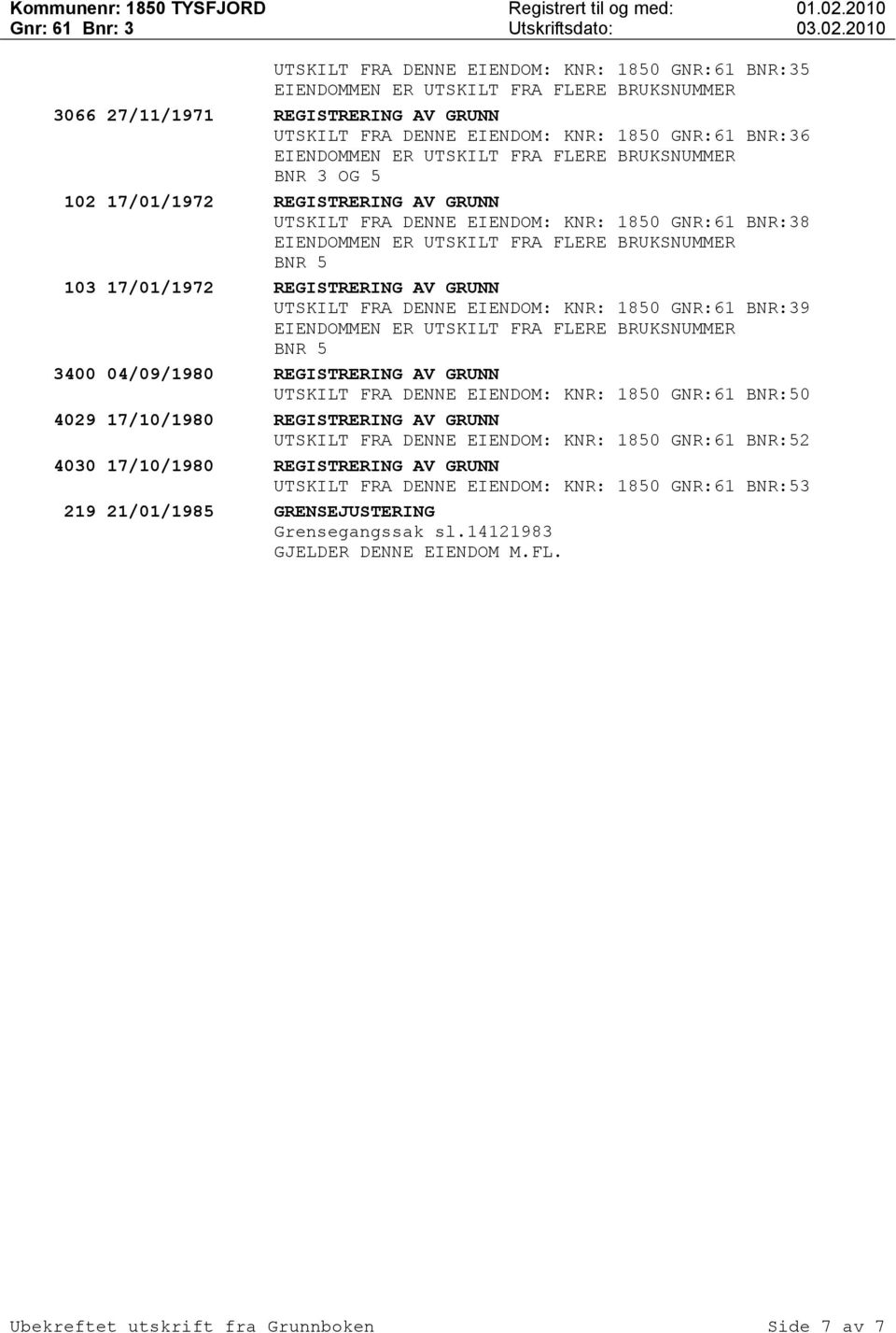 04/09/1980 REGISTRERING AV GRUNN UTSKILT FRA DENNE EIENDOM: KNR: 1850 GNR:61 BNR:50 4029 17/10/1980 REGISTRERING AV GRUNN UTSKILT FRA DENNE EIENDOM: KNR: 1850 GNR:61 BNR:52