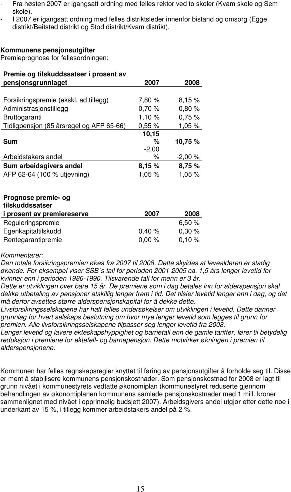 Kommunens pensjonsutgifter Premieprognose for fellesordningen: Premie og tilskuddssatser i prosent av pensjonsgrunnlaget 2007 2008 Forsikringspremie (ekskl. ad.