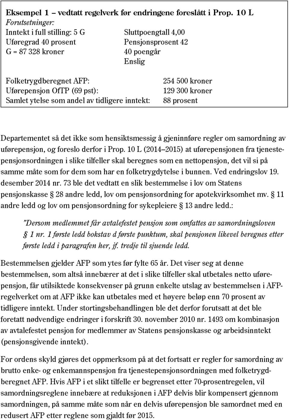 Samlet ytelse som andel av tidligere inntekt: 254 500 kroner 129 300 kroner 88 prosent Departementet så det ikke som hensiktsmessig å gjeninnføre regler om samordning av uførepensjon, og foreslo