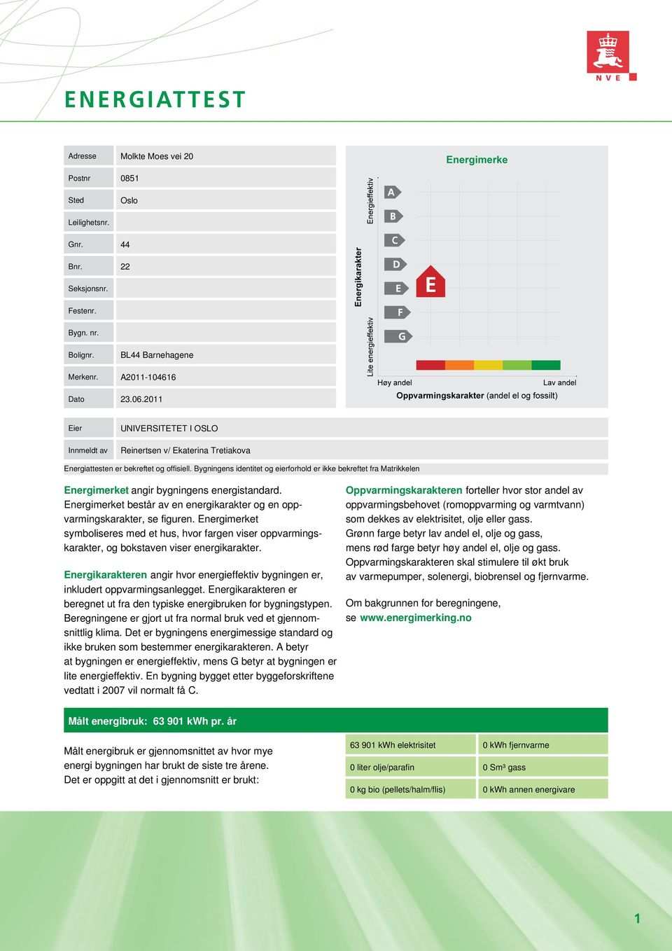 Bygningens identitet og eierforhold er ikke bekreftet fra Matrikkelen Energimerket angir bygningens energistandard. Energimerket består av en energikarakter og en opp- varmingskarakter, se figuren.