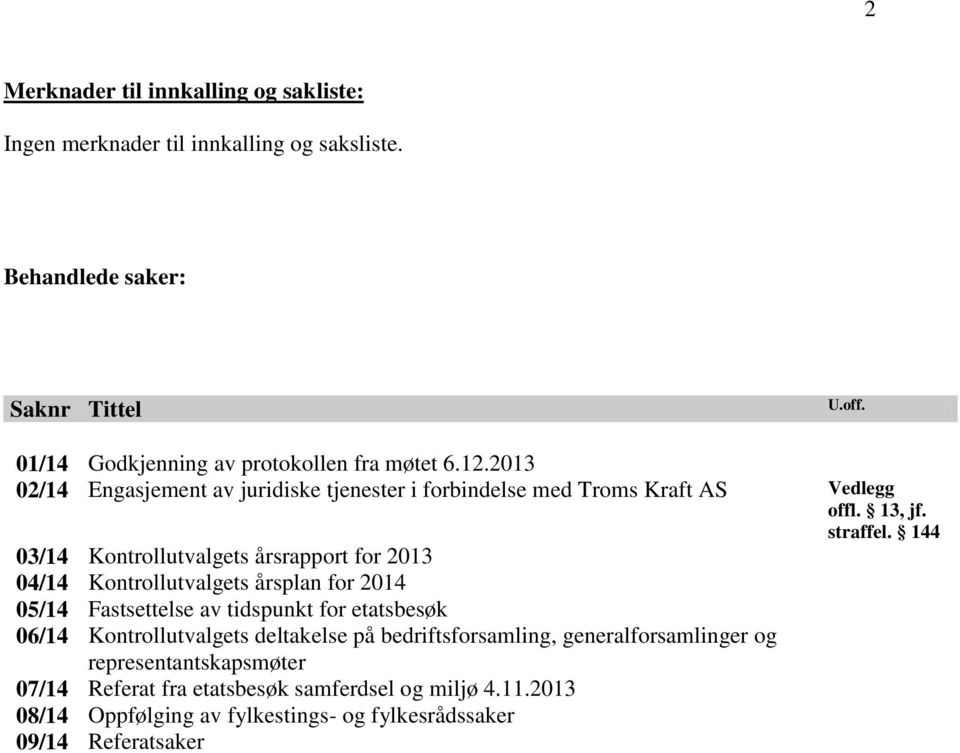 144 03/14 Kontrollutvalgets årsrapport for 2013 04/14 Kontrollutvalgets årsplan for 2014 05/14 Fastsettelse av tidspunkt for etatsbesøk 06/14 Kontrollutvalgets