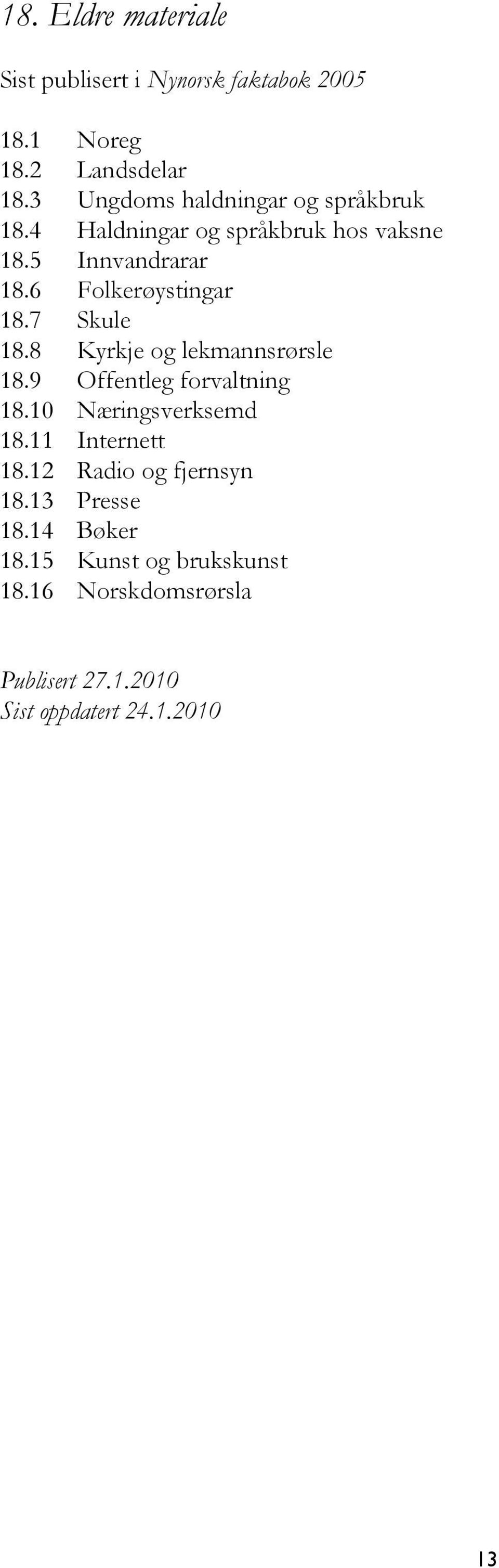 6 Folkerøystingar 18.7 Skule 18.8 Kyrkje og lekmannsrørsle 18.9 Offentleg forvaltning 18.10 Næringsverksemd 18.