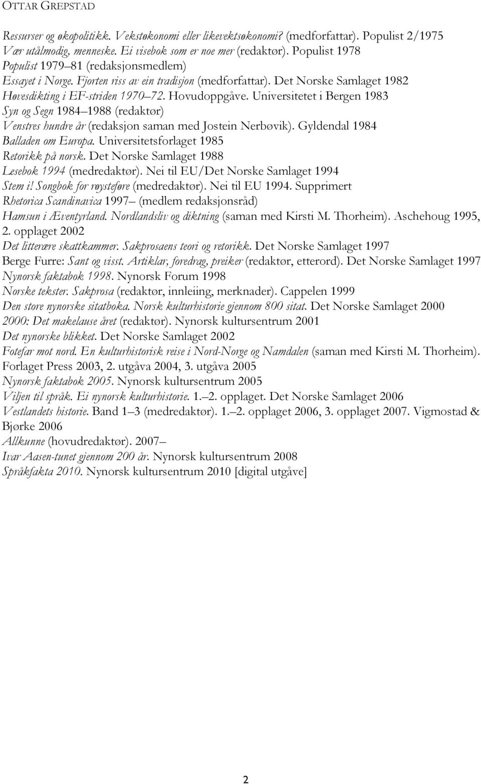 Universitetet i Bergen 1983 Syn og Segn 1984 1988 (redaktør) Venstres hundre år (redaksjon saman med Jostein Nerbøvik). Gyldendal 1984 Balladen om Europa. Universitetsforlaget 1985 Retorikk på norsk.